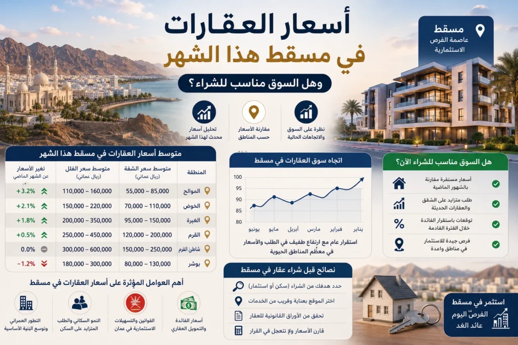 أسعار العقارات في مسقط حسب المناطق، مع مقارنة لأسعار الشقق والفلل وتحليل اتجاهات سوق العقارات في عُمان ومدى ملاءمة السوق للشراء هذا الشهر