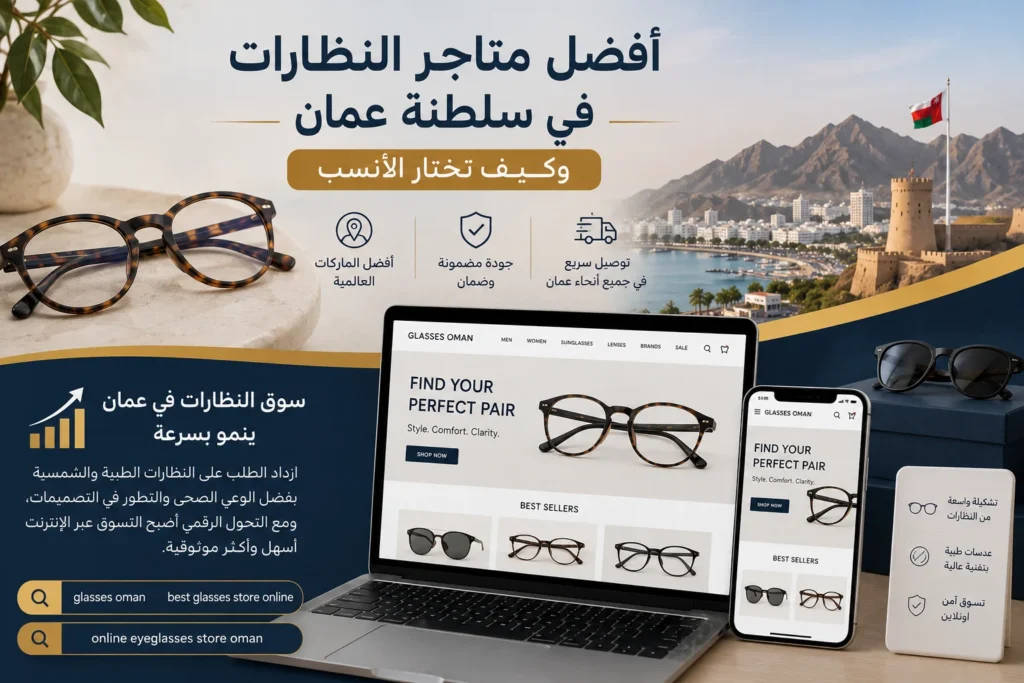 نظارات طبية وشمسية مع متجر إلكتروني على شاشة حاسوب وهاتف ذكي وخلفية لمدينة مسقط، يوضح نمو سوق glasses Oman