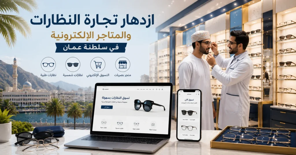 متجر بصريات حديث في سلطنة عمان يعرض نظارات طبية وشمسية مع منصة تسوق إلكترونية تمثل optics store و glasses store online و best online sunglasses store.